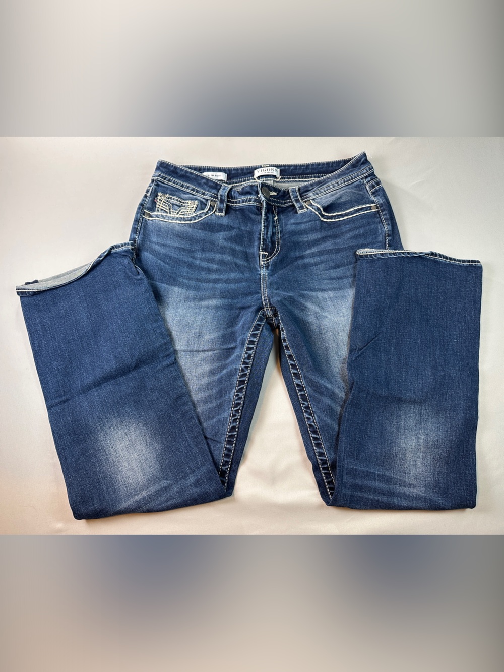 Vigoss Slim Boot Jeans Size 12 Blue Bootcut Embroidered Thick Stitch